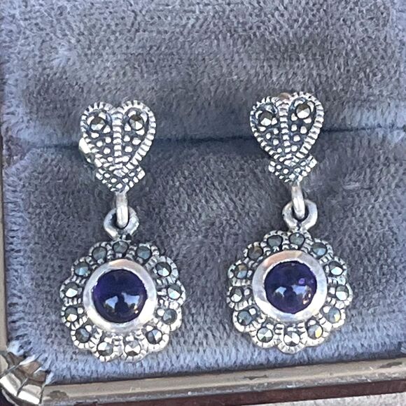 Vintage Amethyst Earrings with Marcasite in Sterling Silver - Picture 2 of 7